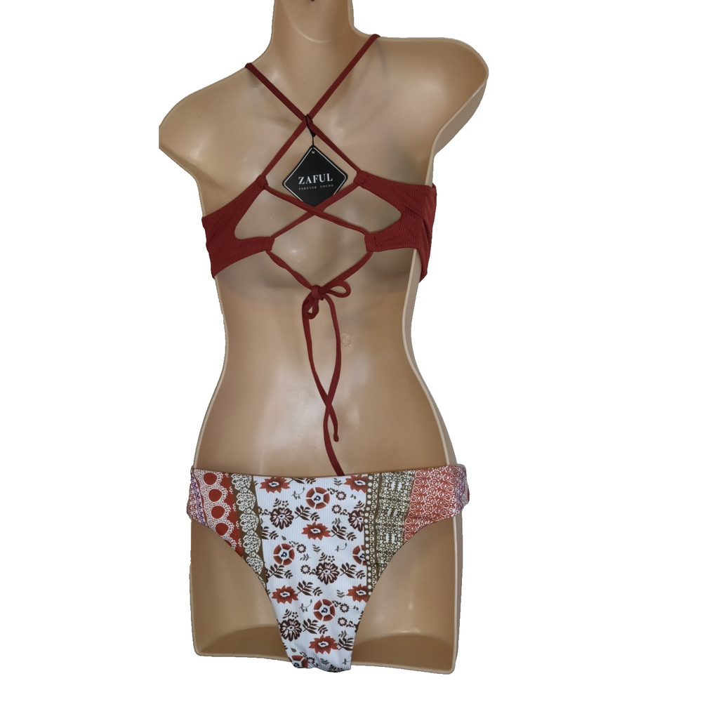 Zaful Bikini Swimsuit Sz S 4 NWT Strappy Back 2 Piece Rust, Brown,White NEW - Picture 4 of 15